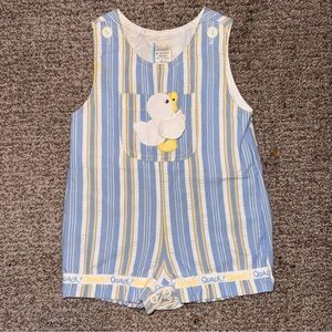 Vintage Springtime Duck Baby One Piece Overalls 6-9 Months Blue White Yellow
